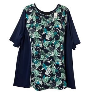 Catherines Swim Top 30W Blue Tropical Leaf Print Rash Guard Built-in Bra